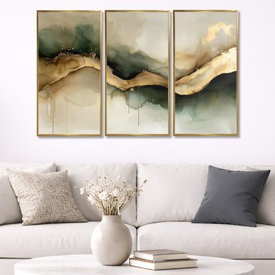 Abstract Liquid Ink Divide Fight Of Emerald II - Liquid Ink Canvas Wall Art - 3 Panels