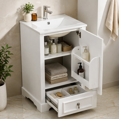 Meuble-lavabo de 20 po avec lavabo en céramique, porte à fermeture en douceur, tablette ajustable en forme de U, tiroir de compartiment et support de porte, style moderne, conception peu encombrante