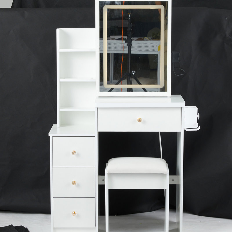 Petite coiffeuse 29,2 po avec tabouret de chevet gauche + tabouret rembourré, 2 blocs d'alimentation CA + 2 ports USB, support pour sèche-cheveux, très grand miroir à DEL coulissant à contrôle tactile, changement de couleur tricolore, réglage de la luminosité