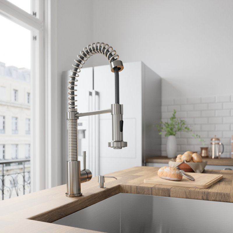 Edison 19" H 1-handle Pull-Down 2-Function Sprayer Kitchen Faucet, Stainless Steel, With Soap Dispenser