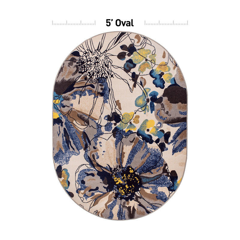Dichiera Floral Brown/Navy/Cream Non-Slip Rubberback Area Rug, Oval 5' x 7'