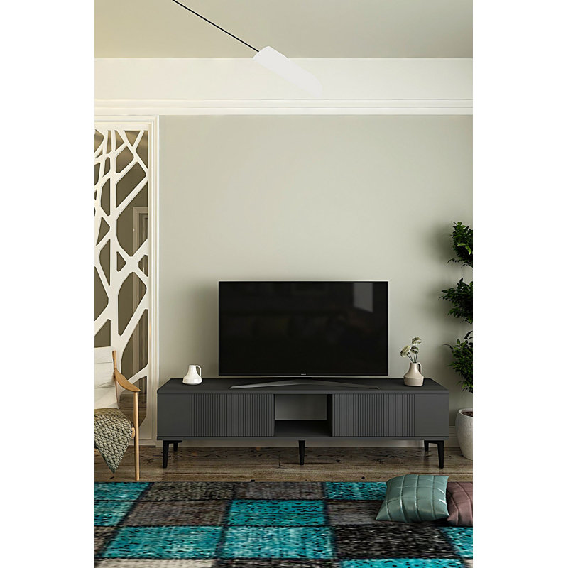 Meuble télé moderne, anthracite, 59,1 x 15,9 x 12,6 pouces | 100% panneau de particules enduit de mélamine, épaisseur: 0,7 pouce | Conception murale, aspect géométrique élégant, parfait pour le salon et les espaces de divertissement