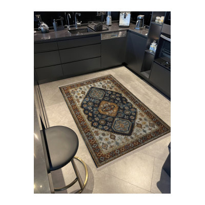 Tapis décoratif rétro à motif traditionnel bleu foncé et jaune foncé lavable à la machine