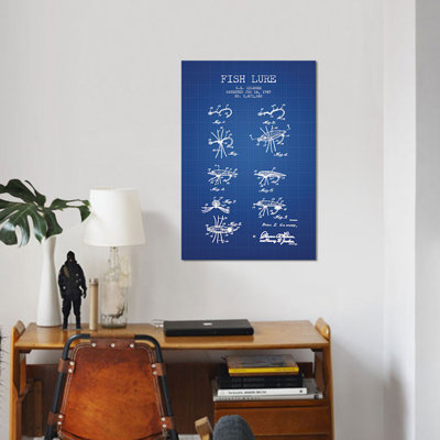 " B.E. Gilmore Fishing Lure Patent Sketch (Blue Grid) " by Aged Pixel
