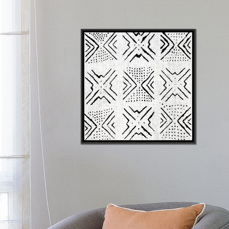 «Mudcloth White Geometric Design IV», impression sur toile, Toile encadrée noire, Pas de tapis, H 18 po x l 18 po x P 1,5 po
