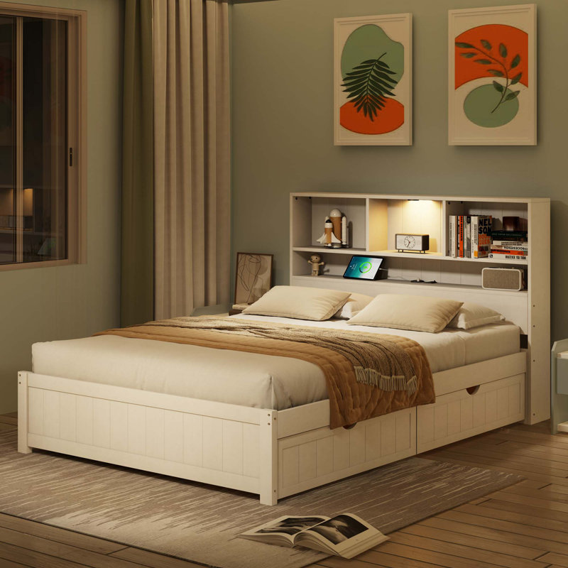 Bed with Charging Station, and 2 Side Drawers, White, Twin