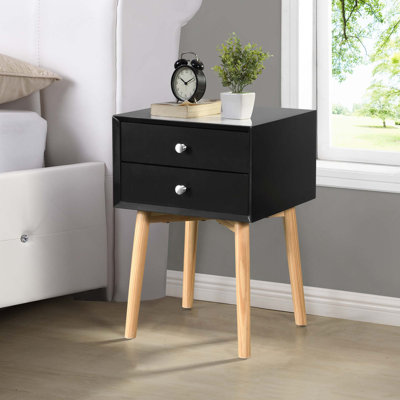 Table de chevet Mid-Century avec 2 tiroirs et pieds en bois d'hévéa