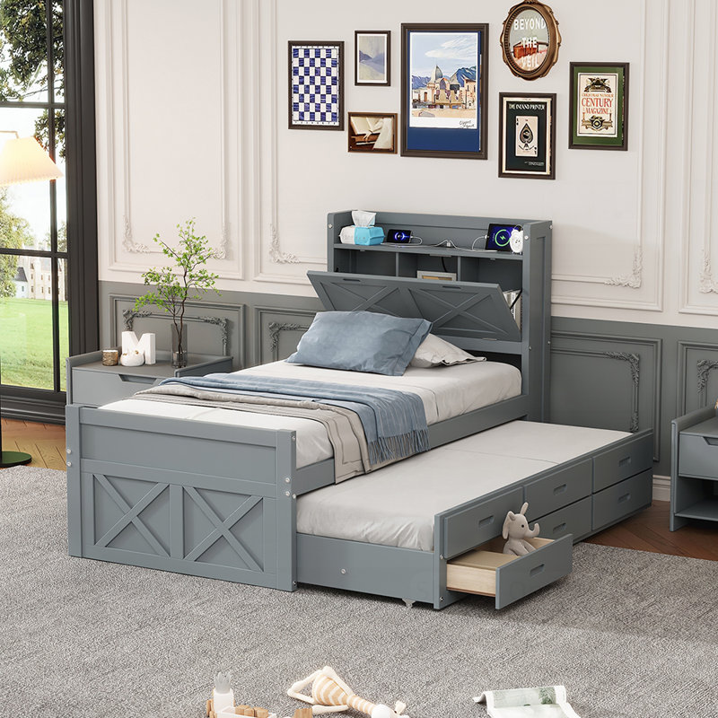 Lit en bois avec tête de lit et prises de rangement, lit gigogne extensible avec trois tiroirs pour une utilisation optimale de l'espace