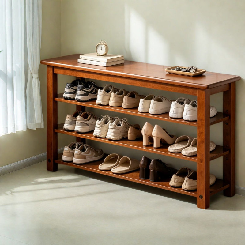 Banc de rangement pour chaussures, tablettes réglables en bois massif à 3 niveaux, vestibule en noyer