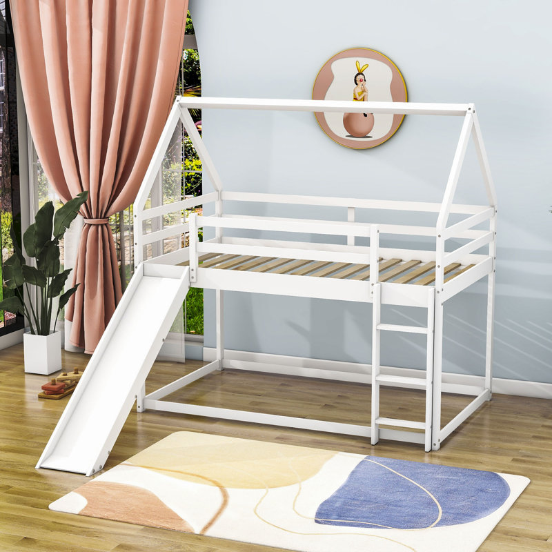 Lit simple superposé en bois avec glissade, Blanc