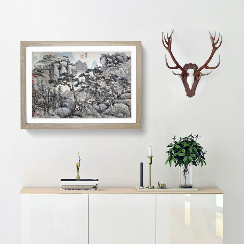 Four Pine Trees by Shen Zhou - Framed Print, 48cm H x 65cm W x 2cm D, Oak Framed