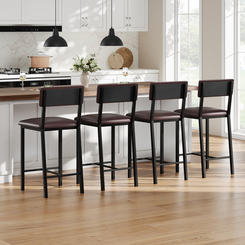 Bar Stools Set of 4, Counter Stools with Back and Thickened Metal Legs, Upholstered PU Leather Counter Height Barstools with Footrest, for Kitchen Island, Bar