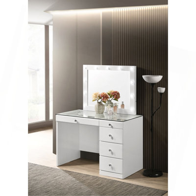1Pc Glam Makeup Vanity Table Glass Top 5 Drawers Crystal Knobs Wooden Bedroom Furniture
