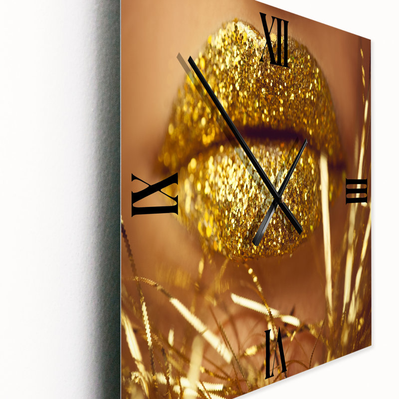 Golden Woman Lips - Horloge murale moderne, Très grand