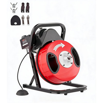 Déboucheur électrique portatif de 23 m (75 pi) pour tuyaux de 1,27 cm (1/2 po), avec 6 lames et interrupteur au pied pneumatique, pour tuyaux de 2,54 cm (1 po) à 10,16 cm (4 po), rouge