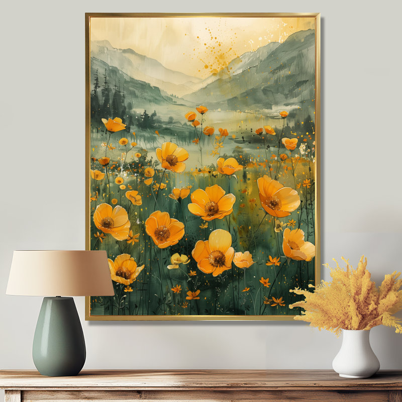 Reproduction d'art murale jaune jaune vert Sunlit Meadow III - Bouton d'or, Toile avec cadre flottant or