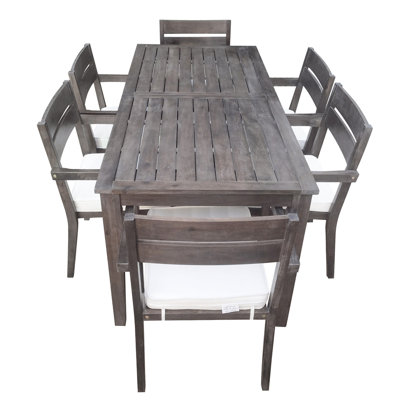 Ensemble de salle à manger d'extérieur en bois d'acacia 7 pièces avec coussins, 6 chaises modernes et 1 grande table, ensemble de mobilier de salle à manger pour la pelouse, la cour, la terrasse du jardin, le bord de la piscine