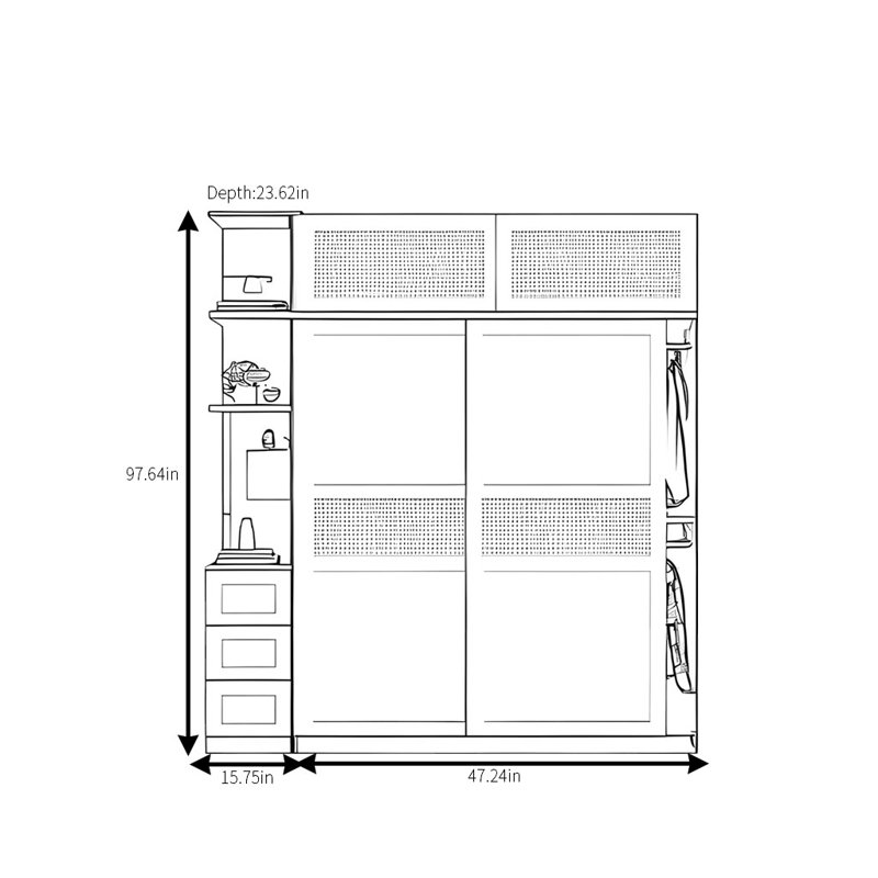 Armoire rétro en rotin tissé classique, H 97,64 po x l 62,99 po x P 23,62 po