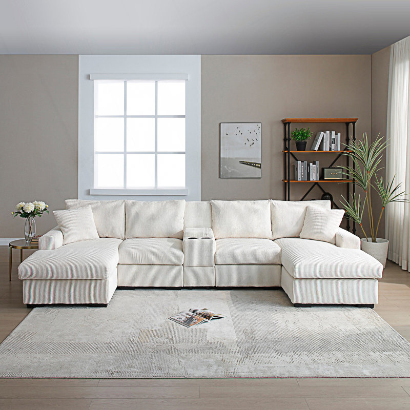 U Shaped Cloud Couch, Sectional Sofa, Oversized Comfy Cloud Sofa With Console, Beige