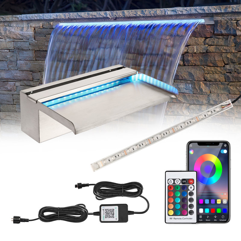 Pool Waterfall APP with 16 Colors LED Lights, Stainless Steel Pond Fountain Set for Outdoor Decorations, Patio Waterfall Spillway Kit on The Wall for Garden, Easy Installation