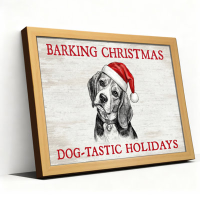 Tableau sur toile tendue « Chien qui aboie à Noël » avec portrait de chien au bonnet de père Noël, idéal pour les fêtes de fin d'année. Décoration murale parfaite pour les fêtes.
