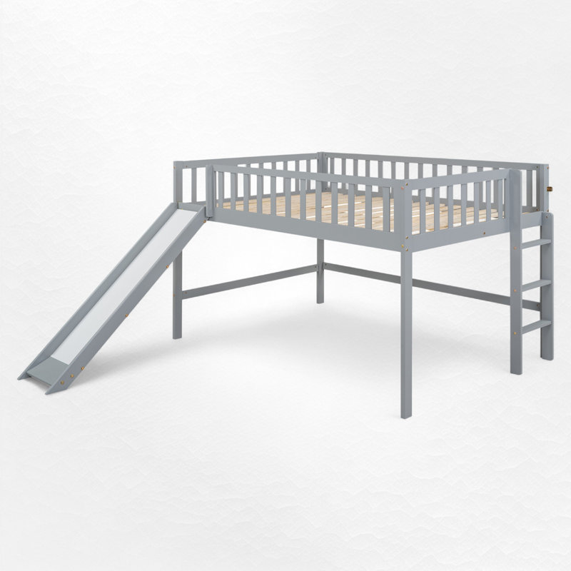 Low Loft Bed With Slide, Gray, Full