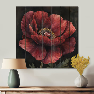Pivoine bourgogne en couche de grâce III - Décoration murale en bois de coquelicots - sur bois de pin naturel
