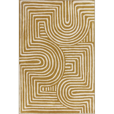 Woven Carpet With Wavy Patterns In Off Yellow Shades