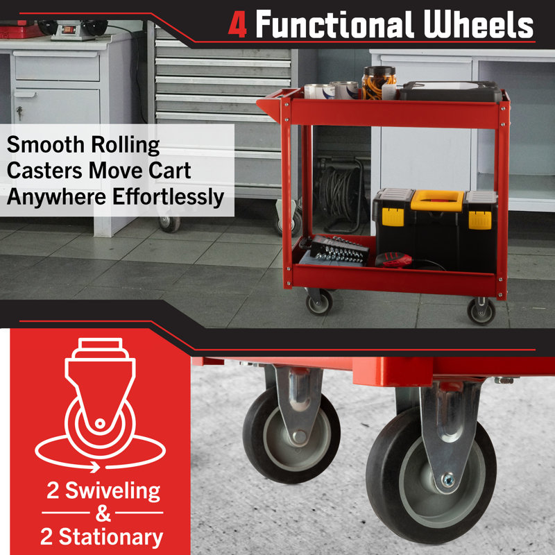 Tool Cart - 2-Tier 330lb Capacity Heavy Duty Utility Cart - Metal Cart on Wheels - Rolling Detailing, Work, or Garage Carts with Wheels by Stalwart