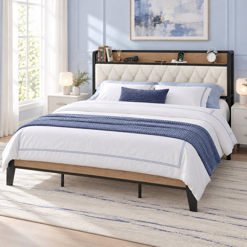 King Size Bed Frame with Headboard and Charging Station, King, Wood