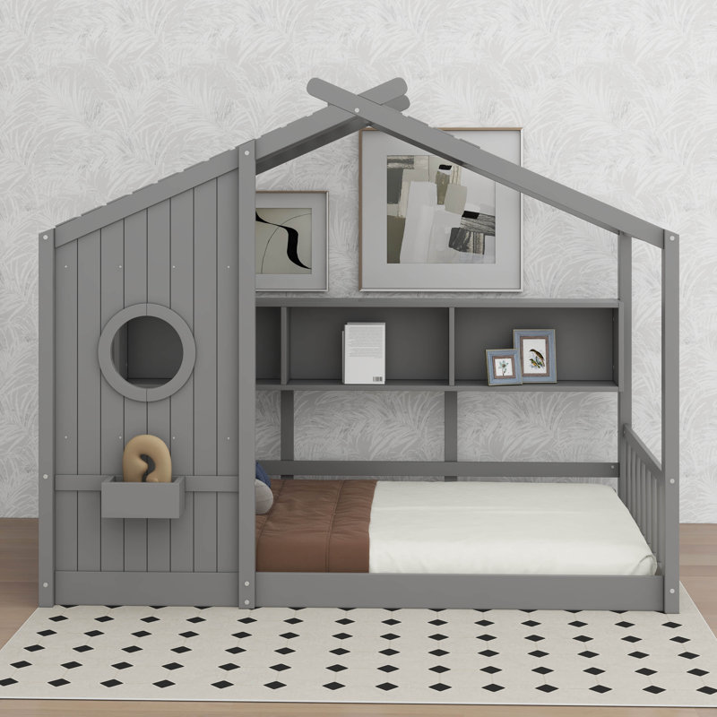 Conception de maisonnette avec tablette de rangement et base de lit en bois, Gris, Lit simple