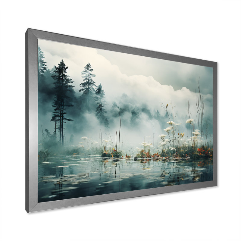 Double exposition Mountain Fog Paradise III sur toile, Cadre simple argenté, H 34 po x l 44 po x P 1,5 po