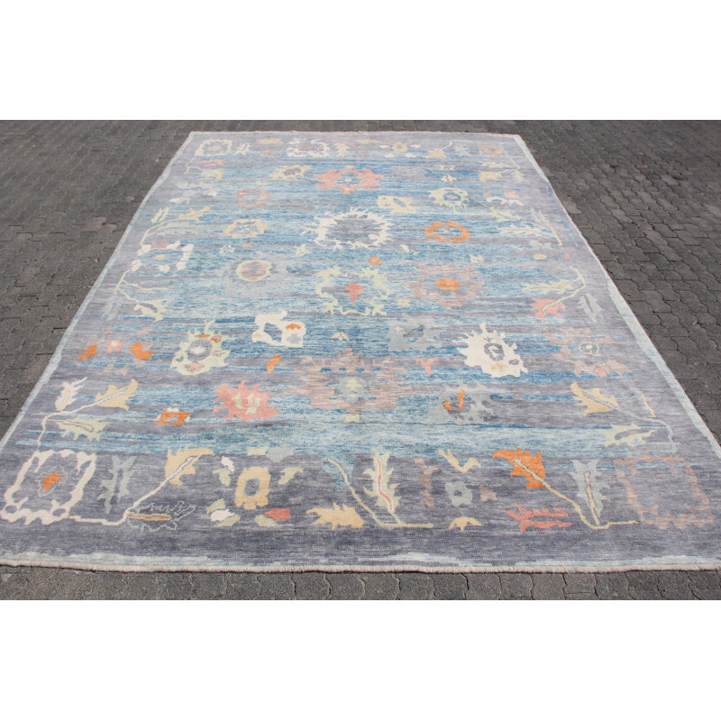 Tapis classique turc Oushak bleu rétro pour un décor élégant et sophistiqué