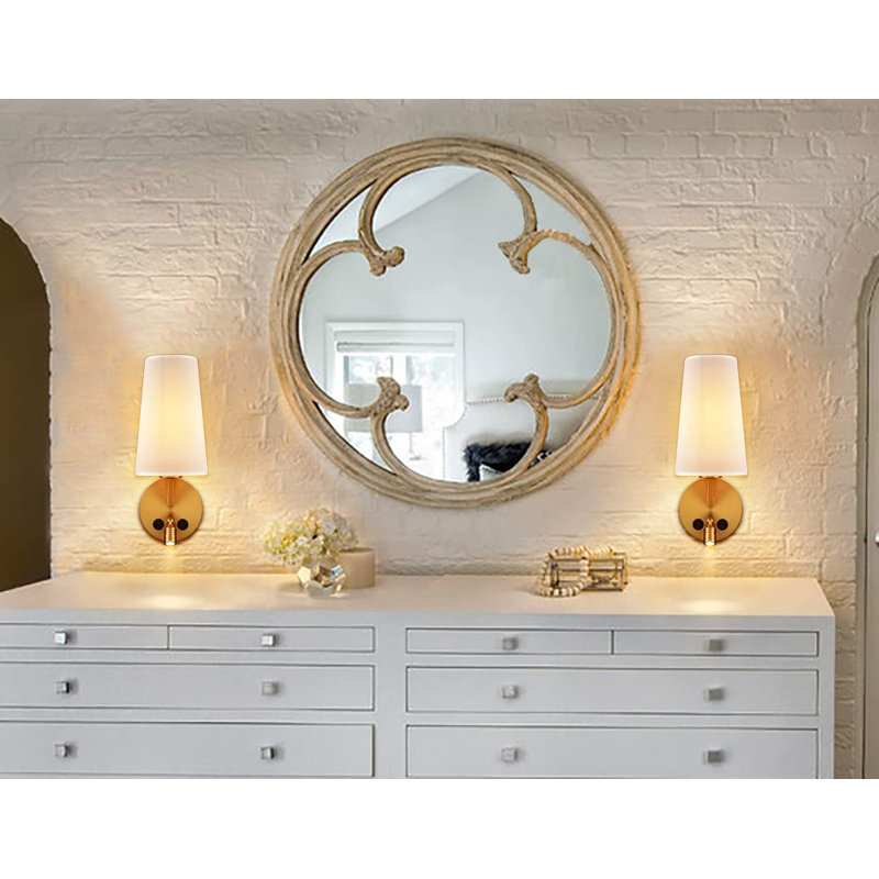 Brushed Brass and White Linen Conical Wall Sconce Set