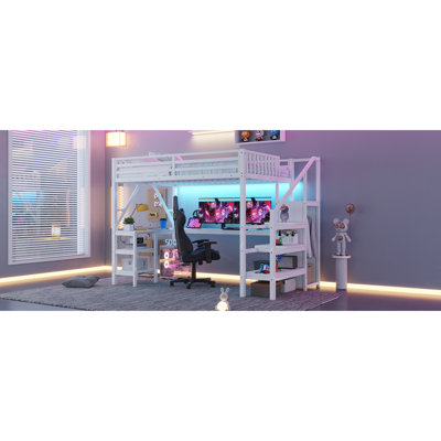 Modern Metal Loft Bed With Storage, Desk, Led Lights For Home