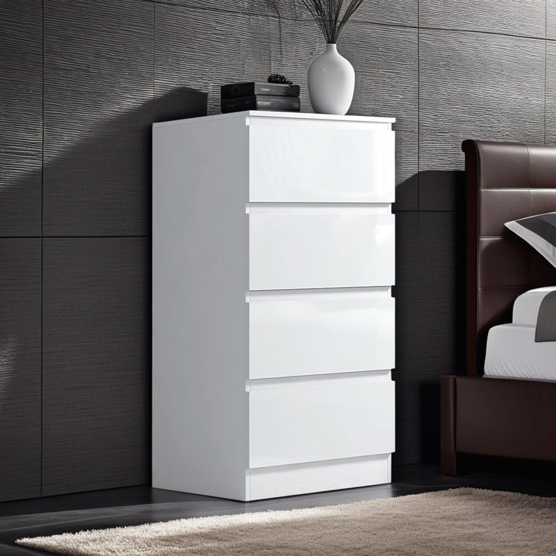 Carlton 4 Drawer Tallboy Chest Of Drawers. 40cm Wide. High Gloss Front. Scratch Resistant. Modern No Handle Design.