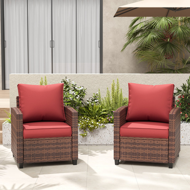 Samya Outdoor Lounge Chair With Cushions (Set of 2), Brown Frame/Red Cushion