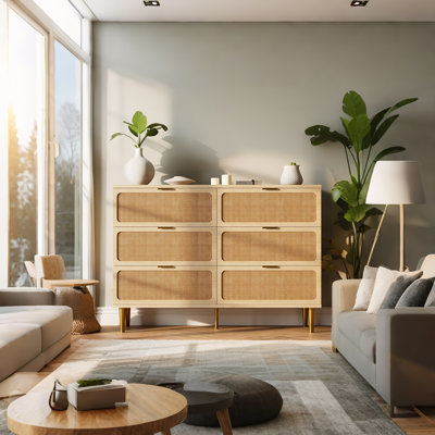 Modern 6-Drawer Rattan Dresser, Wide Double Chest for Bedroom, Living Room, or Hallway