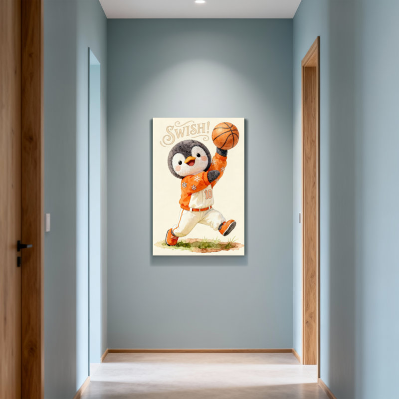 Animaux, pingouin mignon jouant au basketball avec texte Swish, H 30 po x l 20 po
