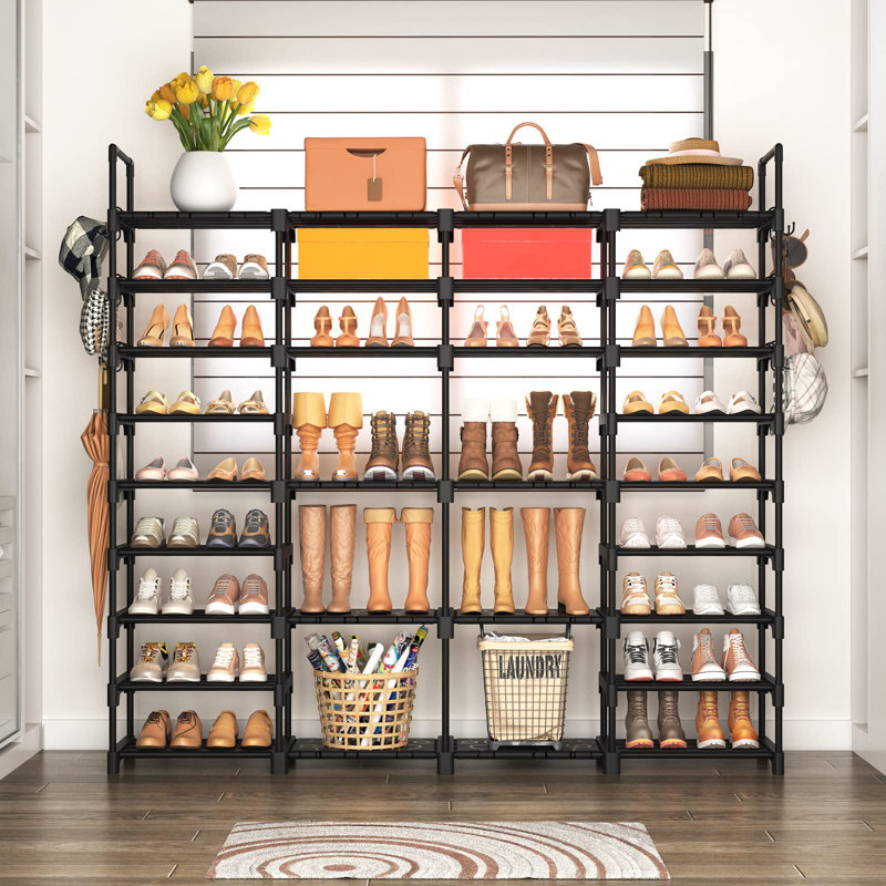 Large Shoe Rack Organizer For Entryway Closet 64-68 Pairs 9-Tier Heavy Duty Tall Garage Shoe Rack Shoe Shelf Shoes Storage With 18 Pcs Removable Side Hooks Black