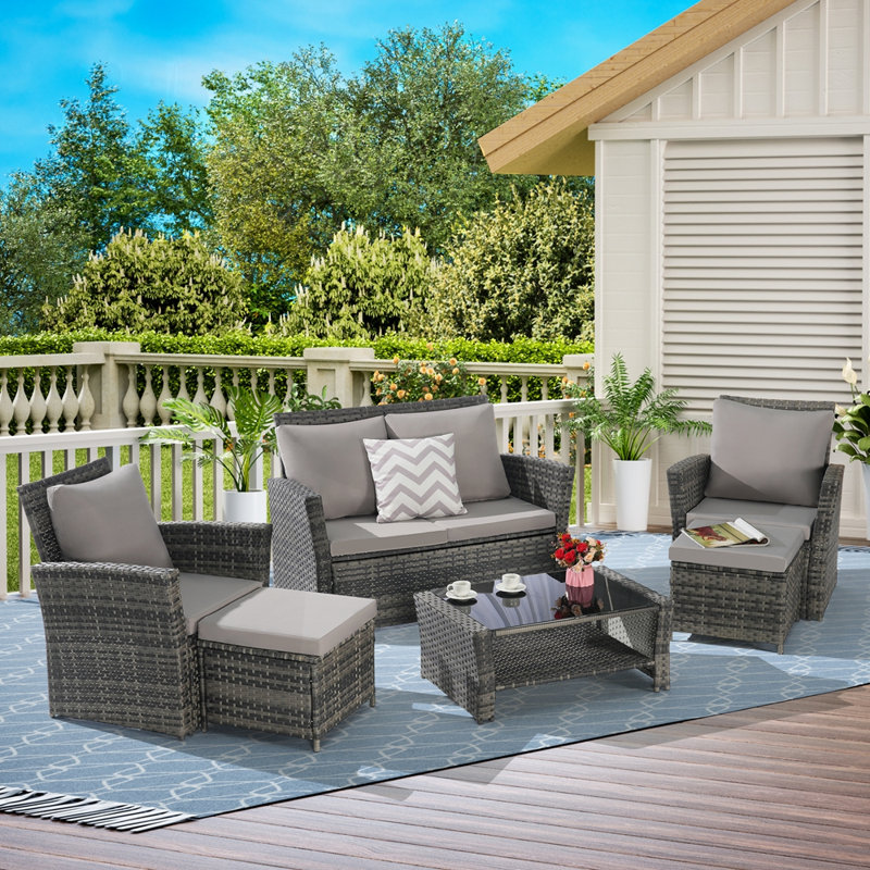 6 Piece Wicker Patio Furniture Sets with Ottoman and Tempered Glass Coffee Table, Light Gray
