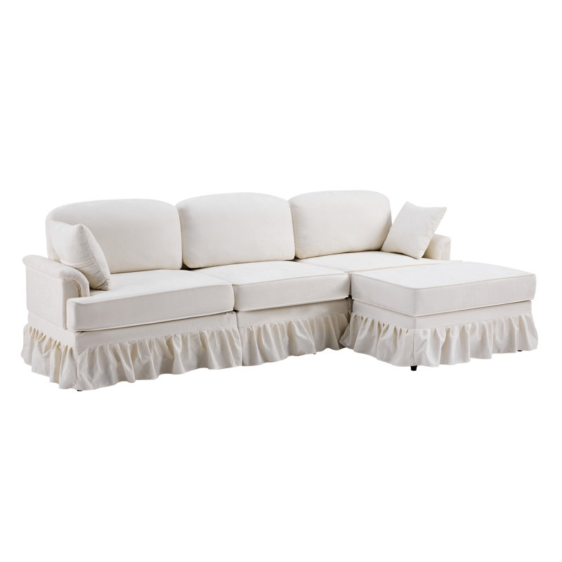 Canapé modulaire Mid-Century 2-en-1 modulaire avec jupe à volants amovible, White Chenille