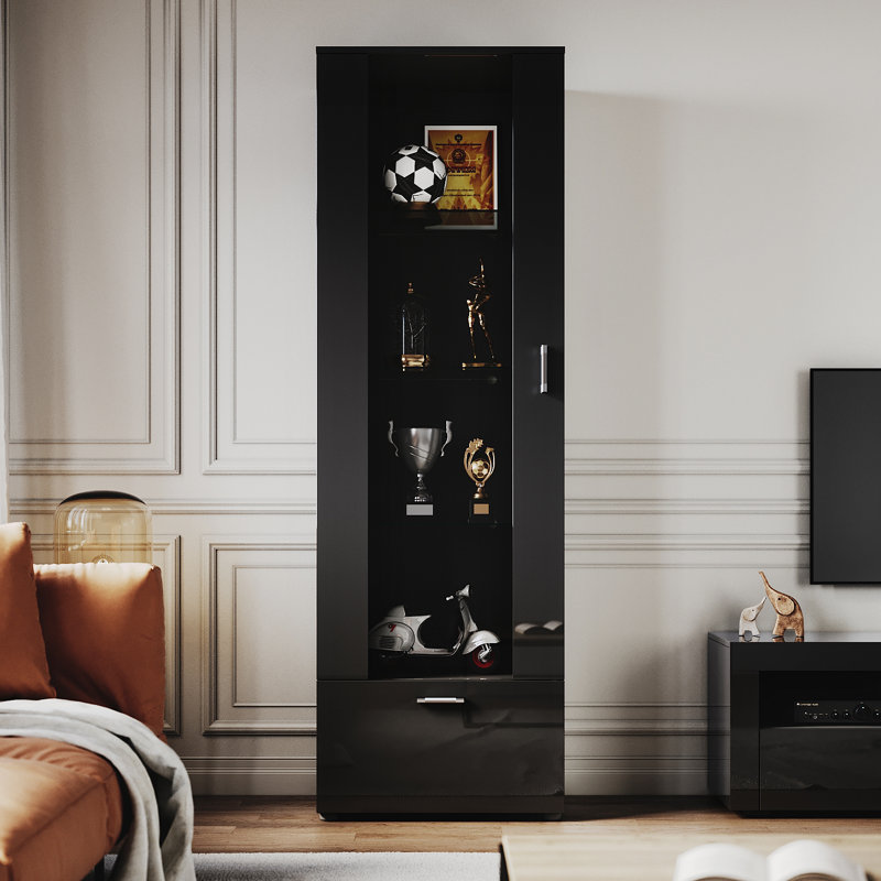 187*60*40cm High Display Cabinet with RGB Colour Changing Multi-Tier Storage, Black