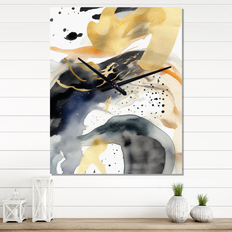 Horloge murale pastel abstraite avec taches noires et dorées I - Fractals, Petit