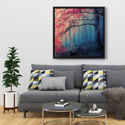 «Pink Leaves», œuvre d'art sur toile encadrée bleue