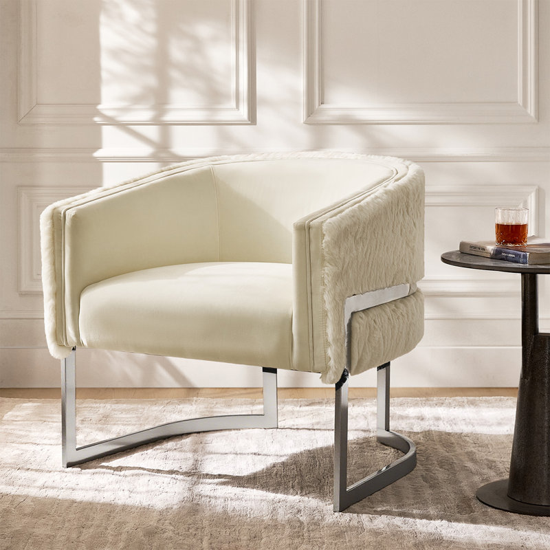 Rosetta 31" W Glam Faux Fur Fully Assembled Barrel Chair with Highly Polished Steel Legs, Ivory