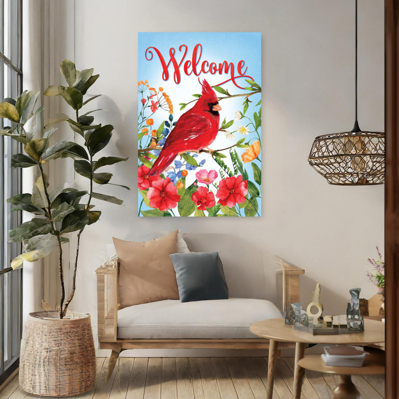 Art floral contemporain, bienvenue, cardinal, H 48 po x l 32 po