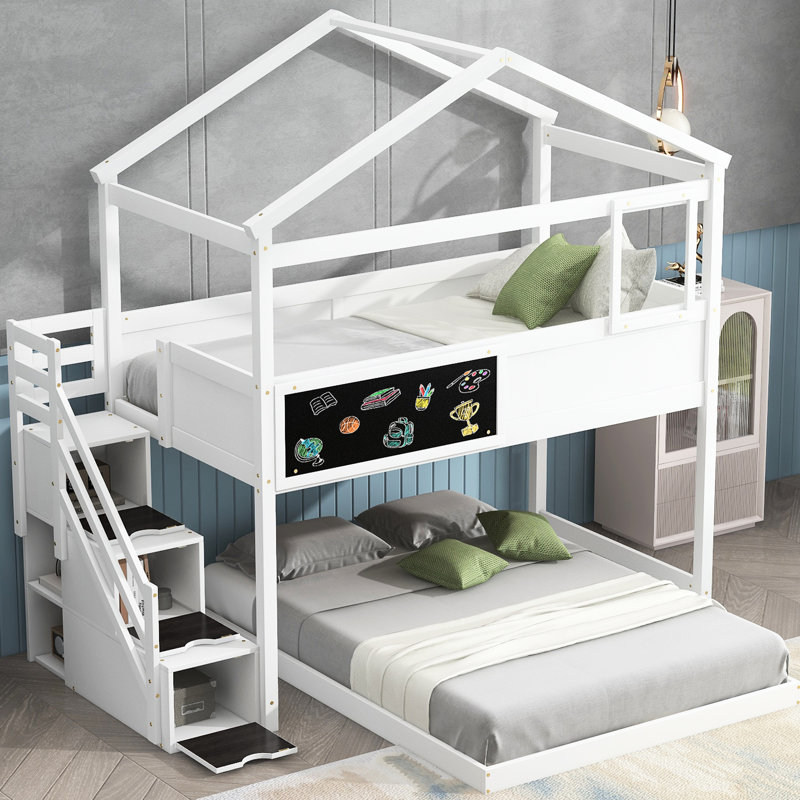 Charmant lit simple superposé au dessus d'un lit double avec rangement et tableau blanc, Lit simple, Blanc