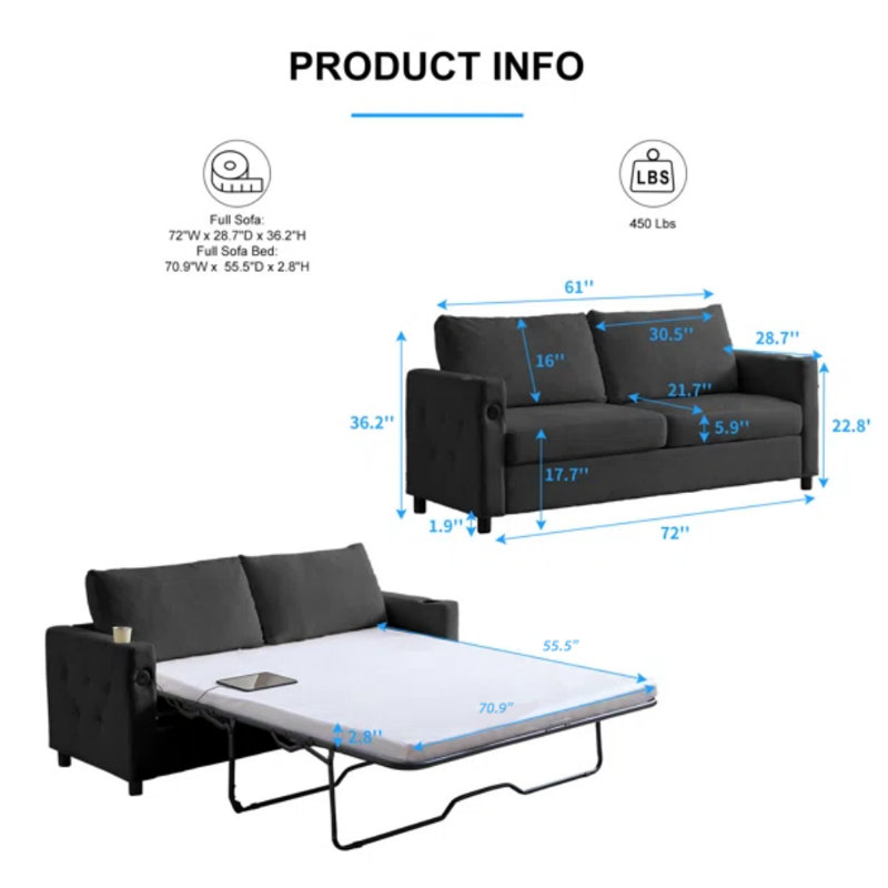 Full Size Smart Sleeper Sofa with Charging & Gel Memory Foam, Gray