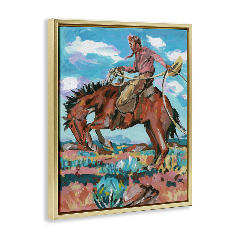 «Lassoing Cowboy Scene», art mural encadré par John Dixon, H 31 po x l 25 po, Cadre flottant métallique doré